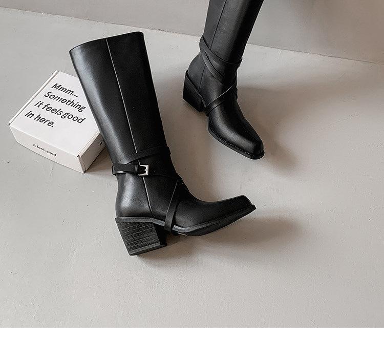 Foreign style fried street cross belt buckle high boots women's head knight boots thin pile boots foreign style temperament