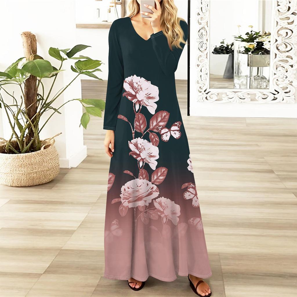 Womens Floral,Gradient Print Maxi Dresses Sexy Dresses Long Sleeve Elegant Fall Long Dresses Holiday Dresses for Women