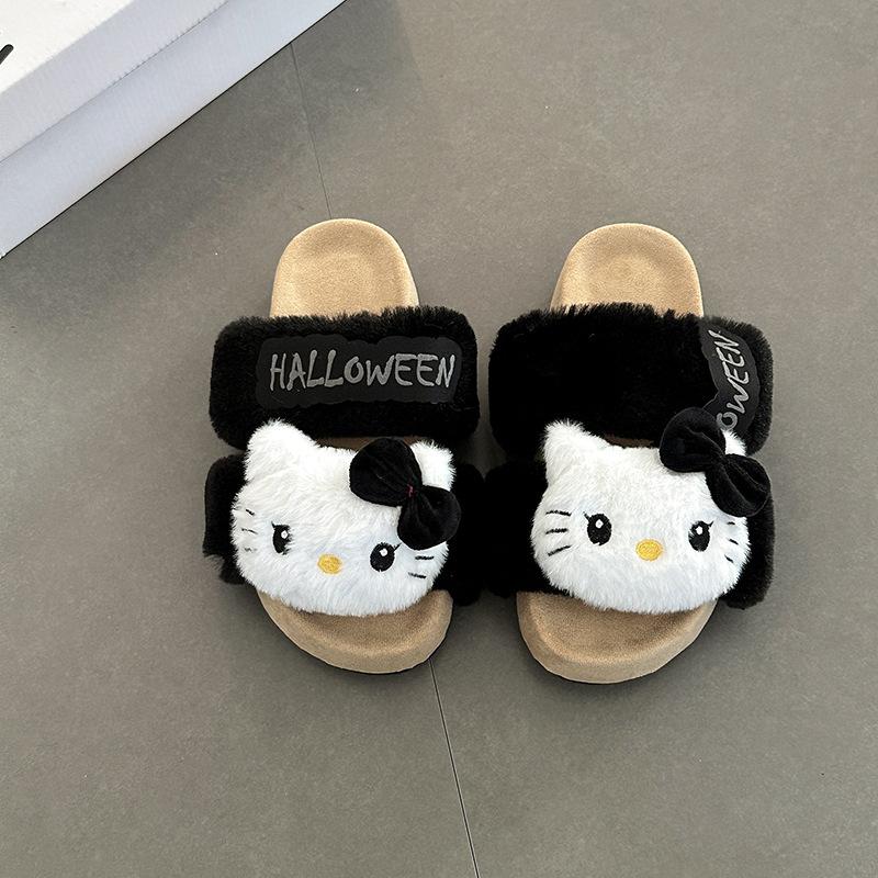 Anime Hello Kitty Lady Fluffy Slippers Autumn and Winter Cute Cartoon Home Indoor Warm One-word Baotou Cotton Mop