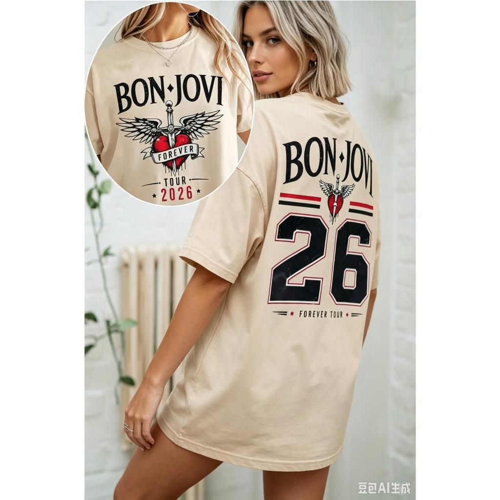 Bon Jovi Print T-shirt Women Men Crewneck Streetwear Harajuku Casual Oversized Y2k Short Sleeves Casual Loose Comfortable Female Male Clothing