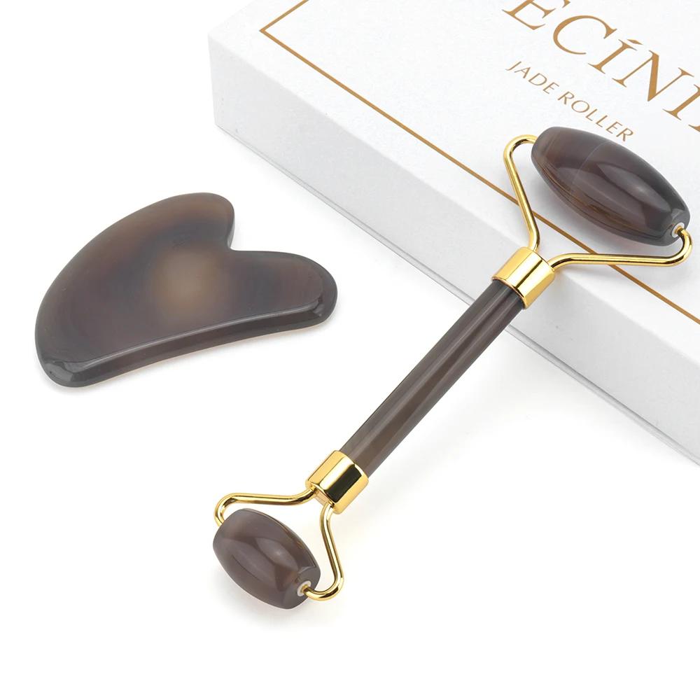 Newest Gray Agate Face Massage Tool Set Jade Roller Gua Sha Board Facial Skin Lifting Anti-Aging Beauty Face Roller Puffy Eyes