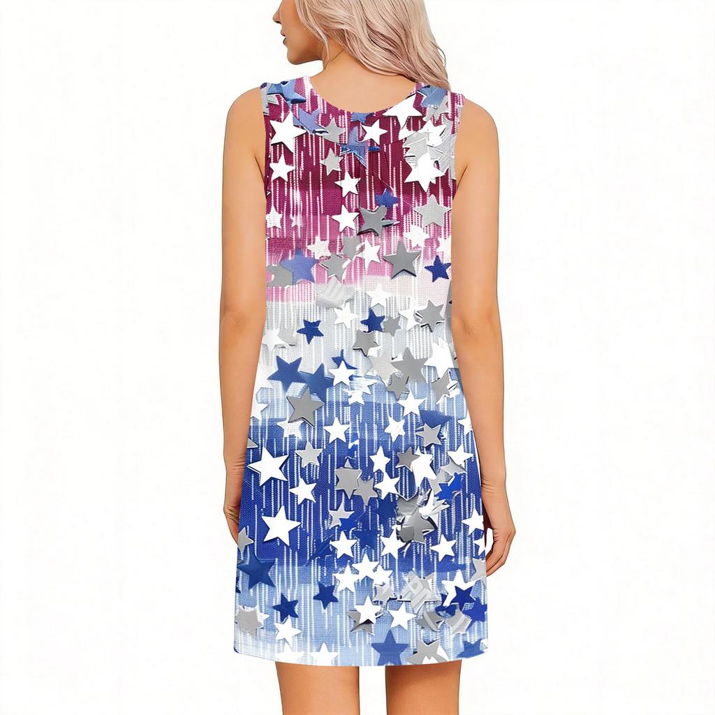 Sleeveless Tear Away Dress for Women Post Shoulder Surgery Independence Day Star Print Adjustable Fit Lightweight Summer Dress