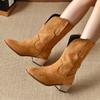 Retro Fashion Embroidered Women's Boots Flock Pointed Toe Square Heel Women Shoes Large Size 35-43 Khaki Casual Mid-Calf Boots