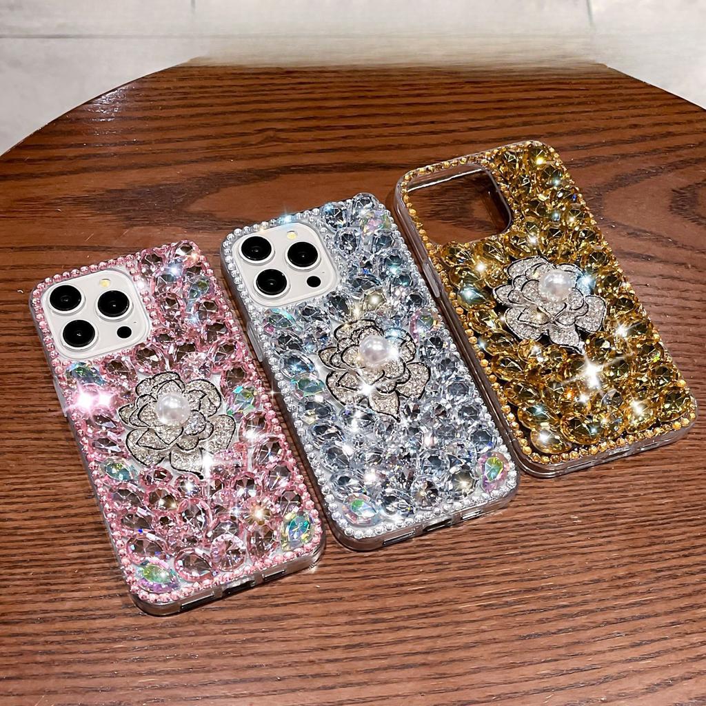 Full Diamond Camellia Apple 16promax Rhinestone Mobile Phone Case Female Iphone15 Protective Case for 14 Luxury 13