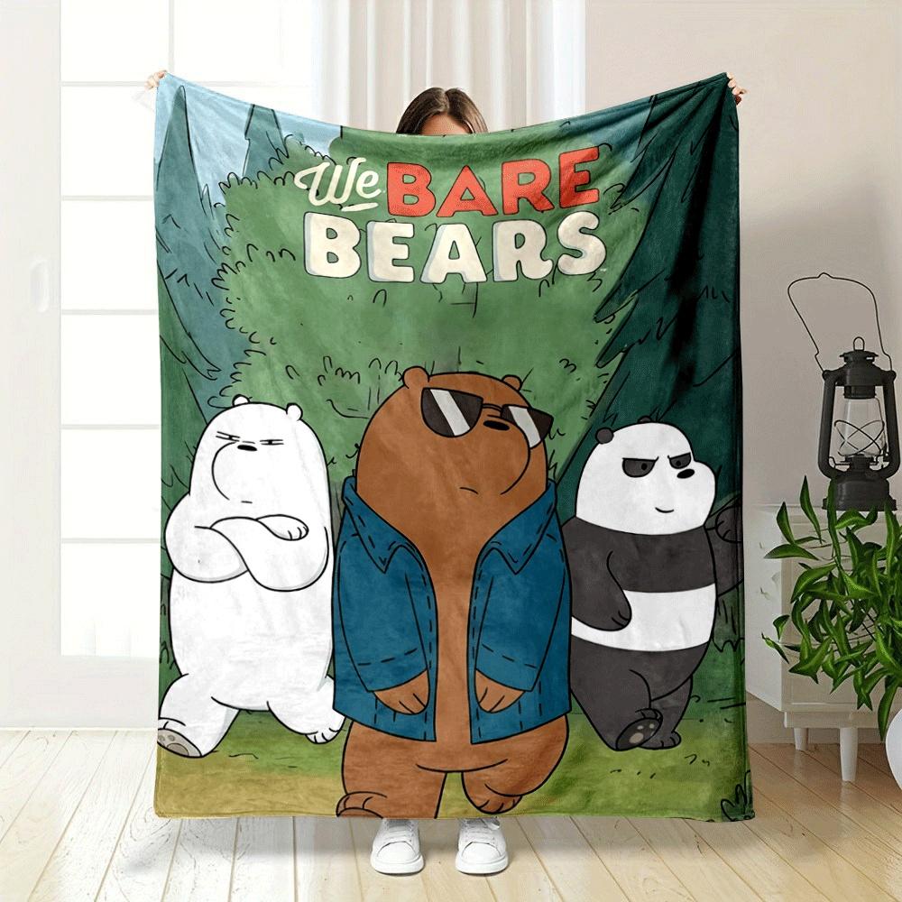 Three cartoon bears with distinct expressions walking in a forest. for all seasons blanket lunch break throw gift