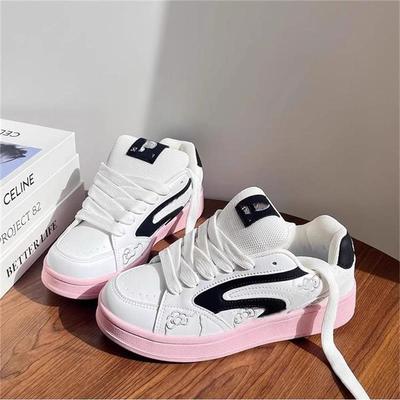 Нишевый дизайн девочка черно-розовые маленькие белые туфли инс тренд 2025 осень новые кеды универсальные повседневные туфли-хлебцы