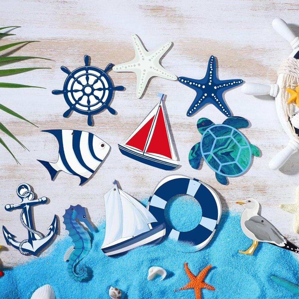 24pcs Wooden Sea Animals Hanging Ornament Ocean Themed Signs Decorations  for Wall Tropical Bar