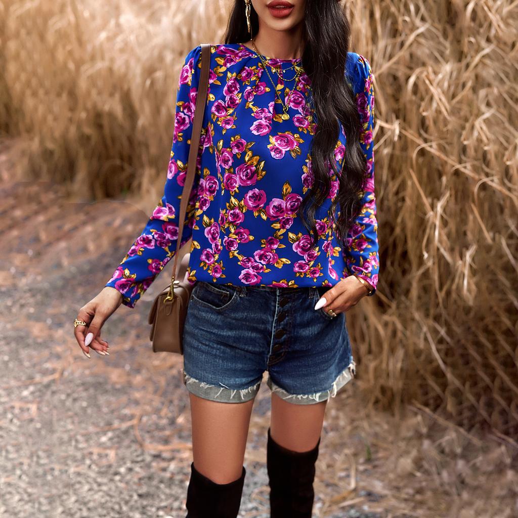 Осенне-зимняя рубашка с круглым вырезом и длинным рукавом с принтом для женщин, блузки