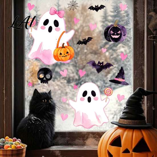 Decorative Glass Sticker 2 Sheets Halloween Cartoon Ghost Window Cling Spooky Easy Apply Clings Sticker Waterproof Static Decal for Holiday
