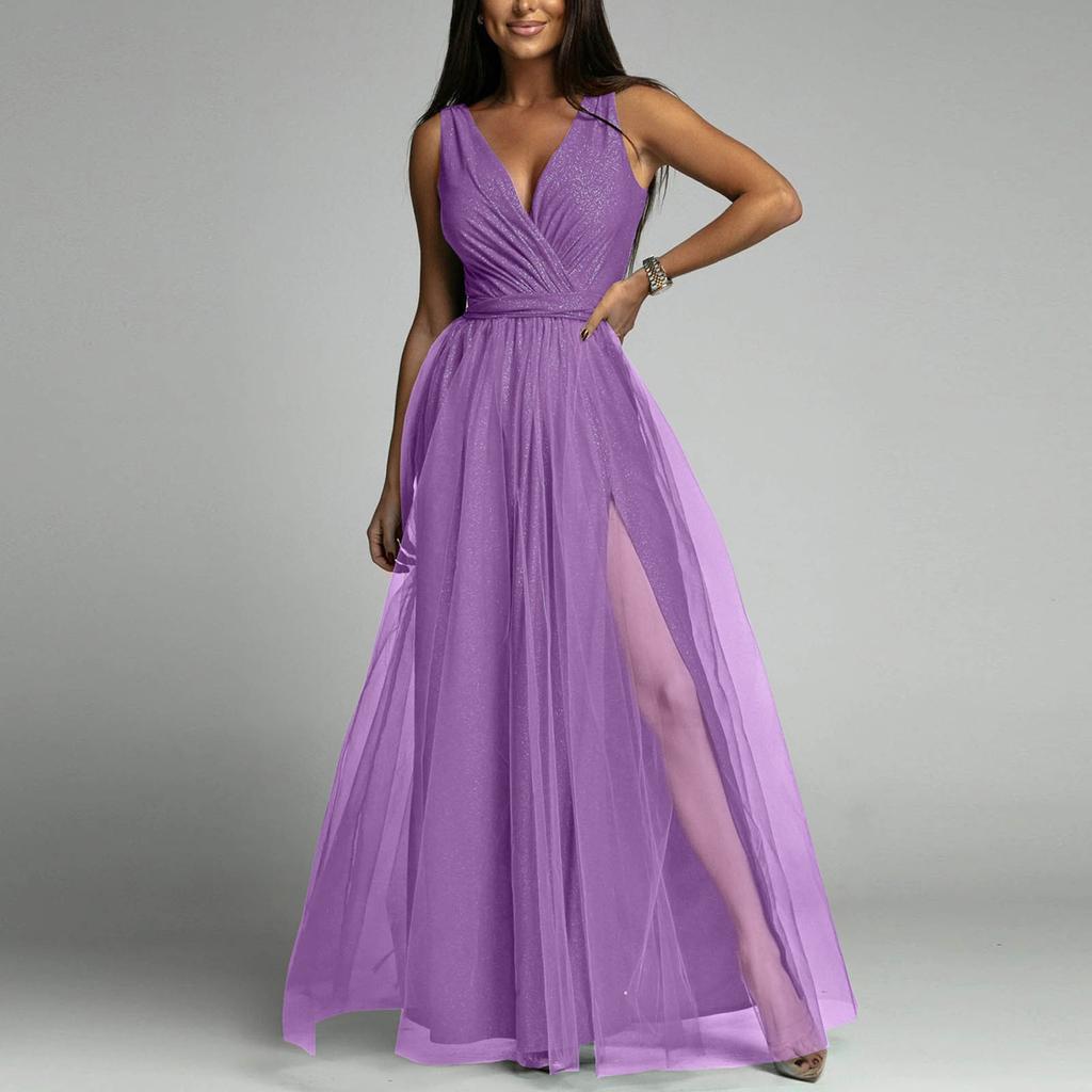 Женское сексуальное блестящее платье с высокой талией и v-образным вырезом, длинное платье