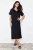 Women's Fashion Black Polo Neck Short Sleeve Midi Twist Textured Knitted Dress