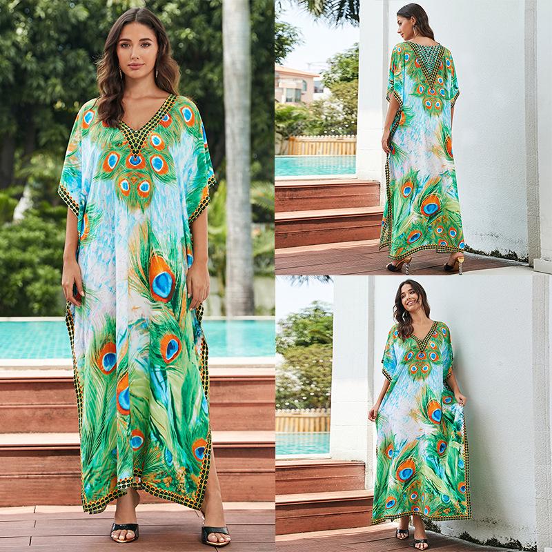 Свободный хлопковый халат большого размера с принтом - Пляжная накидка для женщин