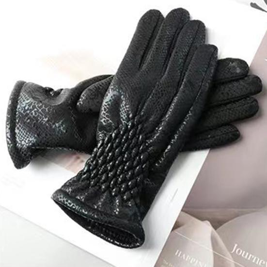 1 Pair Women Cycling Gloves Autumn Winter Windproof Elastic Faux Snakeskin Touchscreen Anti-slip Thermal Cold Weather Full Finger Riding Gloves