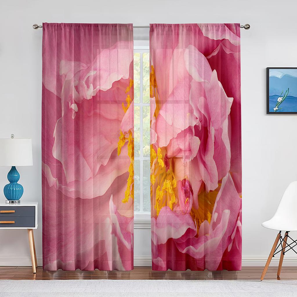 Розовый пион с цветочным принтом, весенние акварельные прозрачные шторы из вуали для гостиной, спальни, кухни, оконные шторы, шифоновые тюлевые шторы