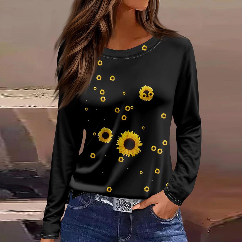 Women's Fashion Casual Slit Hem Round Neck Long Sleeve Loose Printed T-Shirt Ladies Top