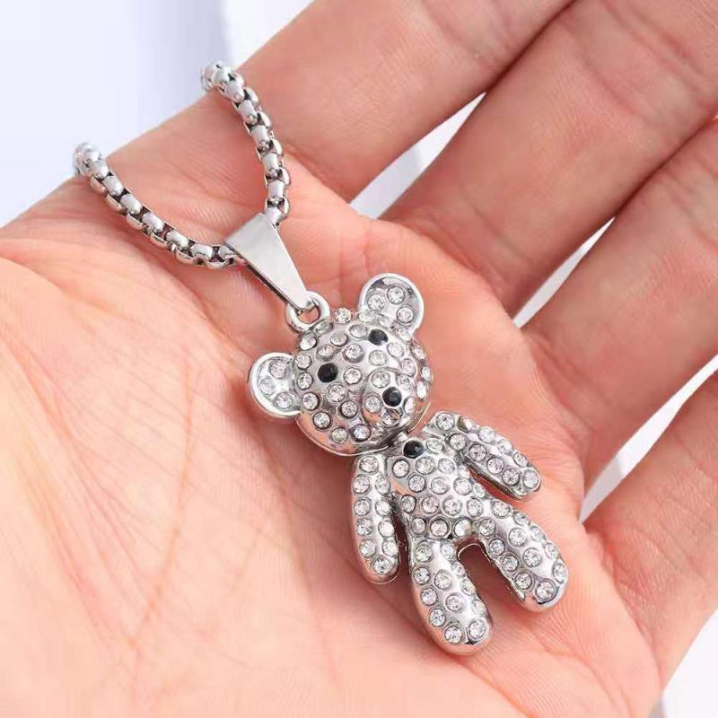 Hip-Hop Titanium Steel Bear Doll Pendant Necklaces For Womon Vintage Cubic Zirconia Sweater Chain Jewelry