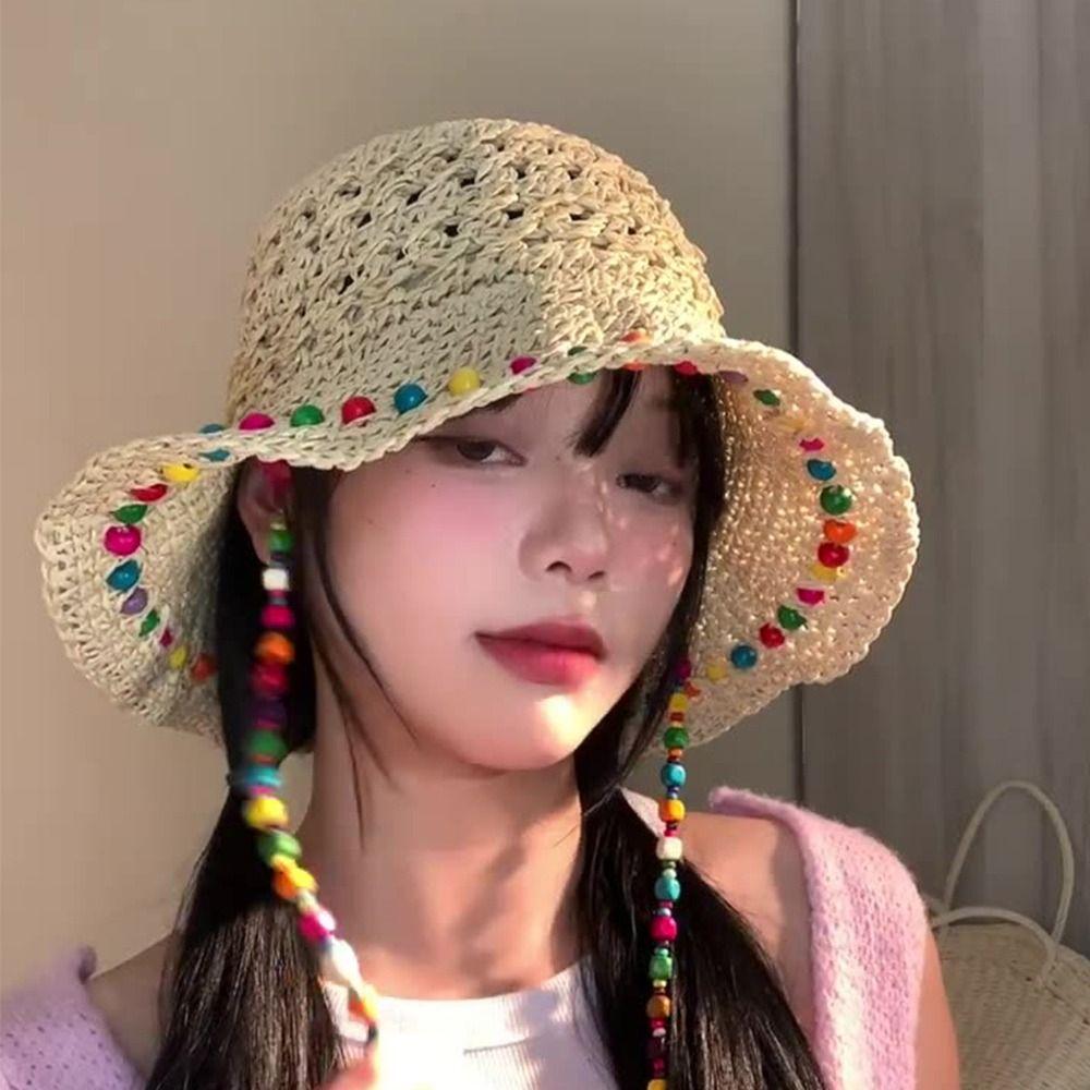 Color Wood Beads Straw Hat Large Brim Sunshade Hat New Sunscreen Hat