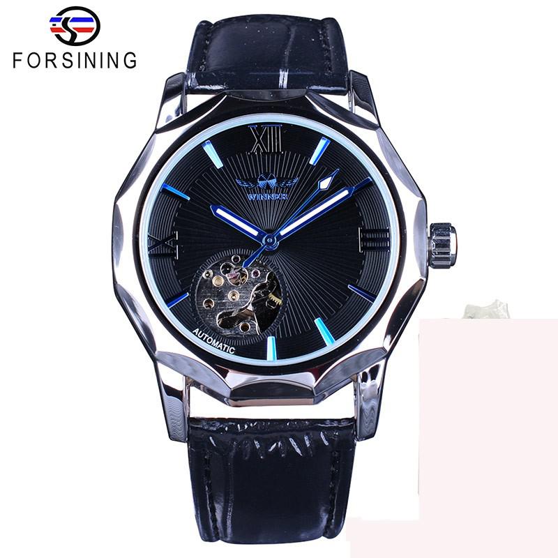 Fashion Winner Top Brand Men's Casual Hollow Mechanical Movement Automatic Mechanical Full Black Stainless Steel Wrist Watches