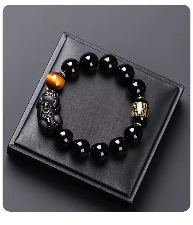 Men's Black Gold Obsidian & Tiger Eye Wealth Bracelet with Heart Sutra Bead
