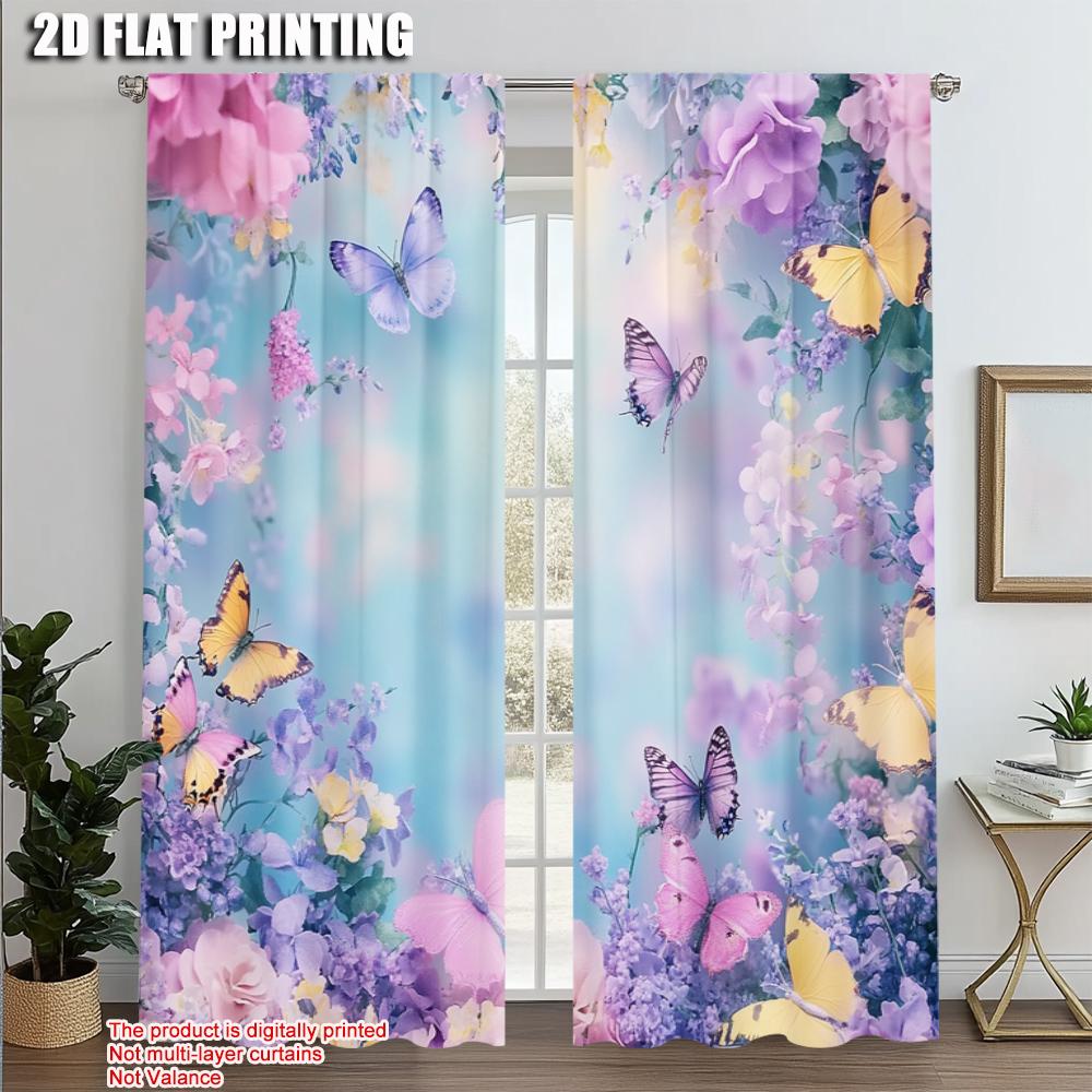 2pcs, Curtains&Drapes 2D print Butterfly Floral Durable 100% Polyester Fabric (without rod) Art Deco Festive Perfect for Living