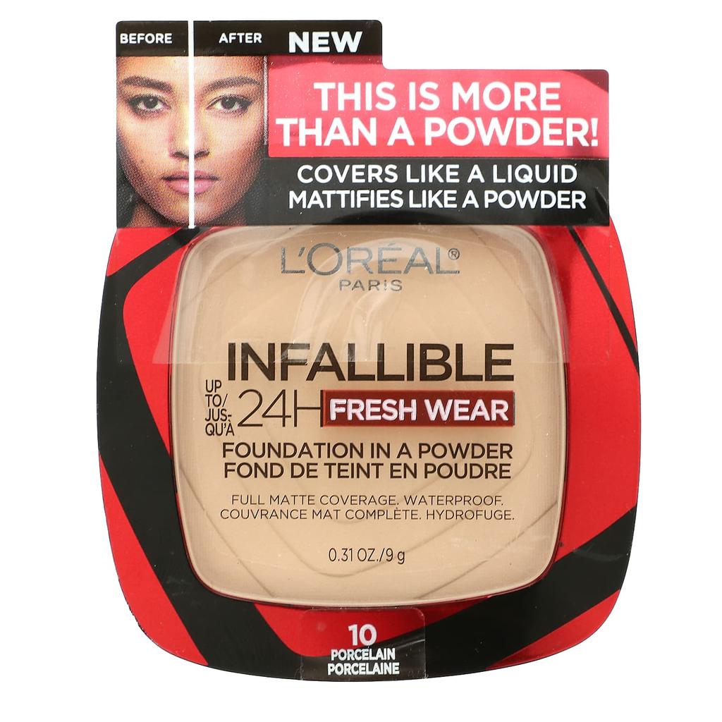 L'Oréal, Infallible 24-hour Fresh Wear, Powder Foundation, 10 Porcelain, 9G(0.31Oz)