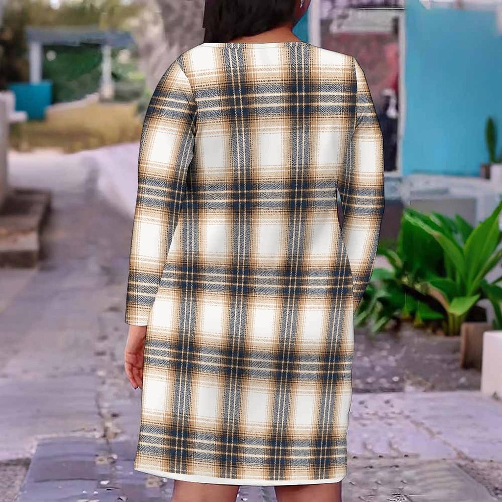 Women Plus Size V Neck Long Sleeve Printed Polka Dot Straight Dress
