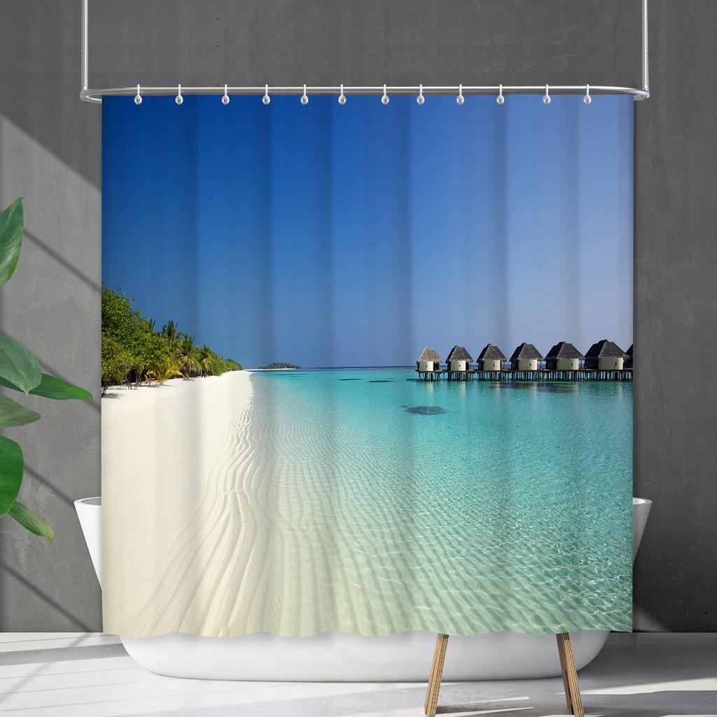 Shower Curtain Waterproof And Mildew-Proof Coconut Tree Beach Beach Bathroom Shower Curtain Shower Curtain Partition Curtain Free Punching