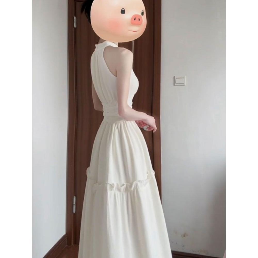 Платье-сарафан без рукавов с бретельками через шею, детское летнее повседневное новое, для морского отдыха, тонкое, с французским темпераментом