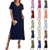 Женское летнее однотонное платье с коротким рукавом, пляжное платье с карманом, повседневное платье с V-образным вырезом и боковыми разрезами