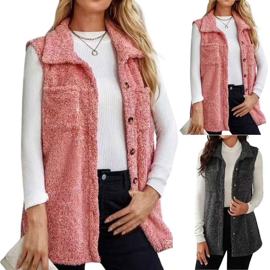 Women's Fashionable Double-Sided Collar Button-Up Cardigan Vest With Pockets