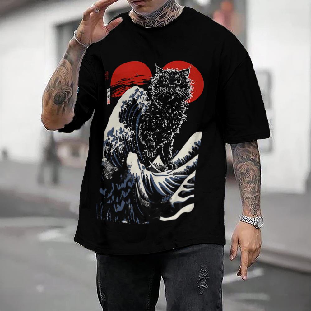 Японская мужская футболка Ukiyo-E и футболка с принтом кота, повседневные свободные футболки с короткими рукавами, мужская одежда большого размера, топы