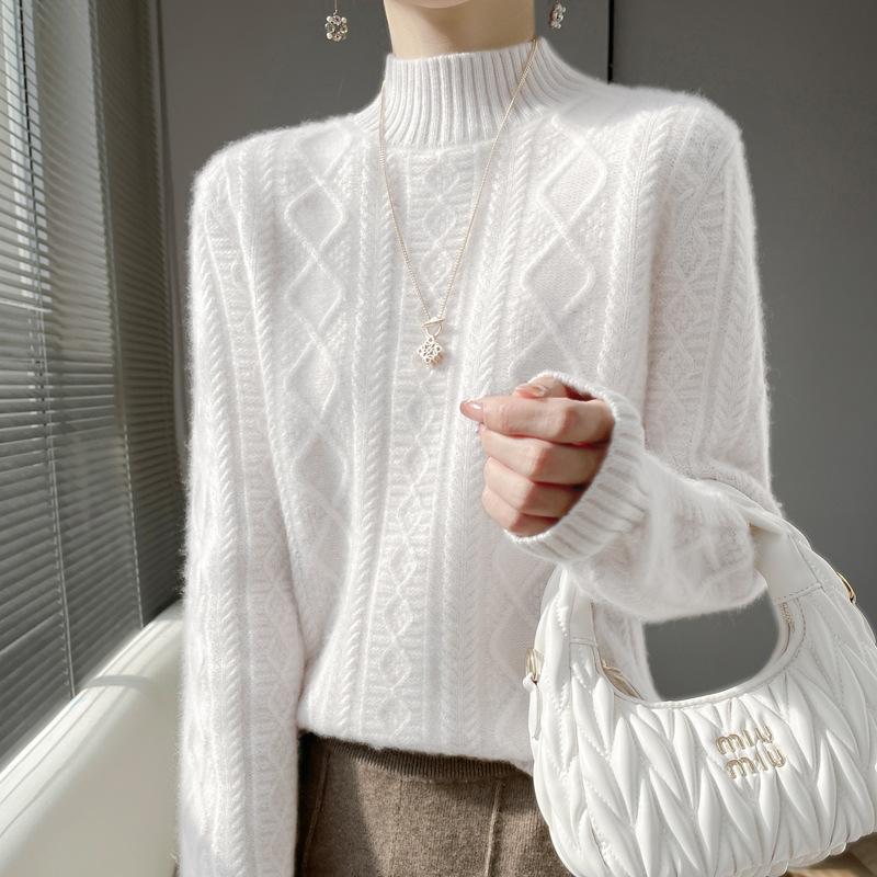 Утолщенный новый свитер осень-зима полуводолазка вязаный семиспальной скрученной пряжей с длинными рукавами готовый шерстяной свитер