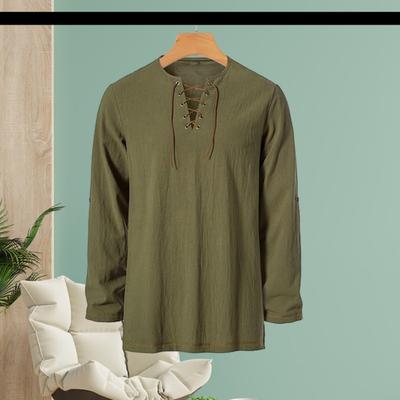 Мужская винтажная футболка на шнуровке с длинным рукавом и воротником Генри, однотонная футболка на весну и осень для повседневной носки, выступлений и косплея