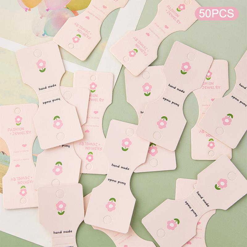 50Pcs Pink Flower Fold Packing Cardboard Display Cards For Handmade Necklace Bracelet Headwear Hairband Retail Hanging Labels