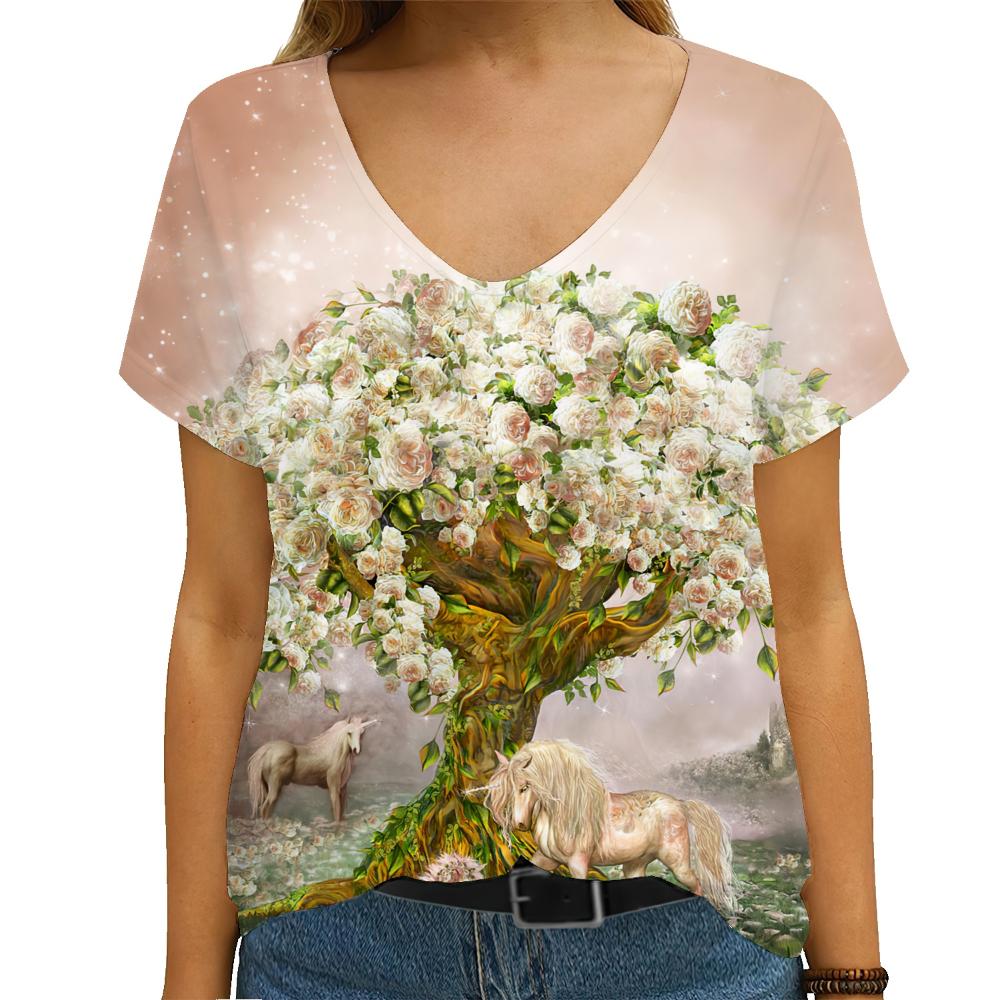 Summer 2023 Novelty Horse Dragonfly Print Short Sleeve T-Shirt, Loose Informal Street Top, Oversized V-Neck, 3D Flower Print Vin