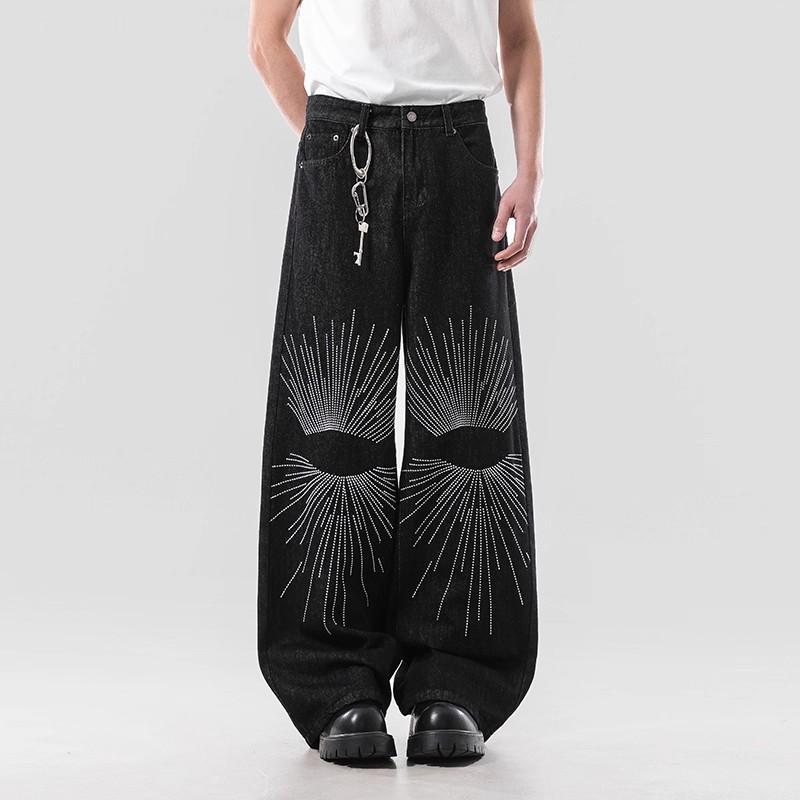 Stylish Embroidered Flared Denim Jeans Men Women Relaxed Fit Wide Leg Straight Cut Casual Pants