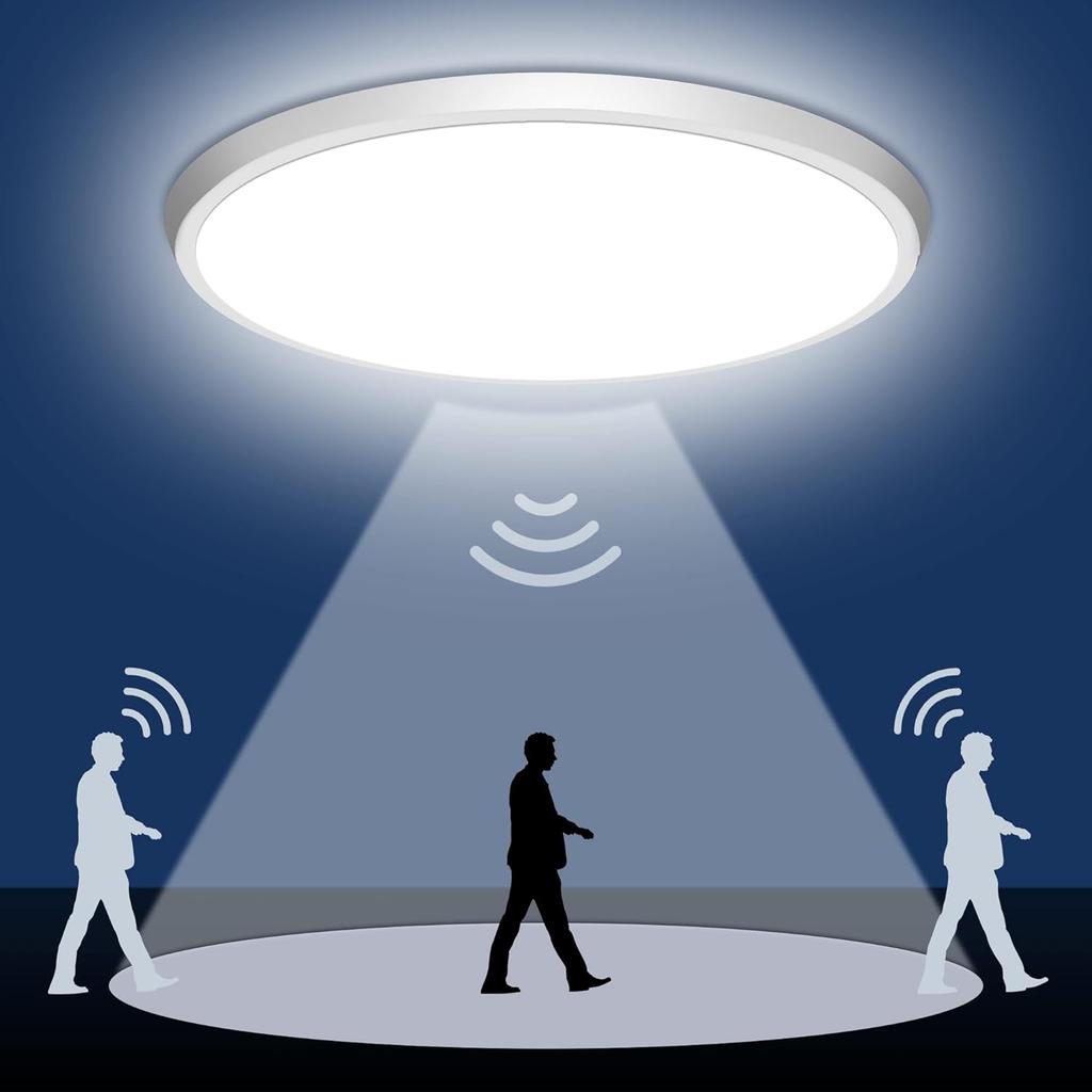 Потолочный светильник с датчиком движения, проводной - 12-дюймовый потолочный светильник со встроенным монтажом, активируемый движением - 24 Вт светодиодный потолочный светильник для кладовой, коридора, крыльца,