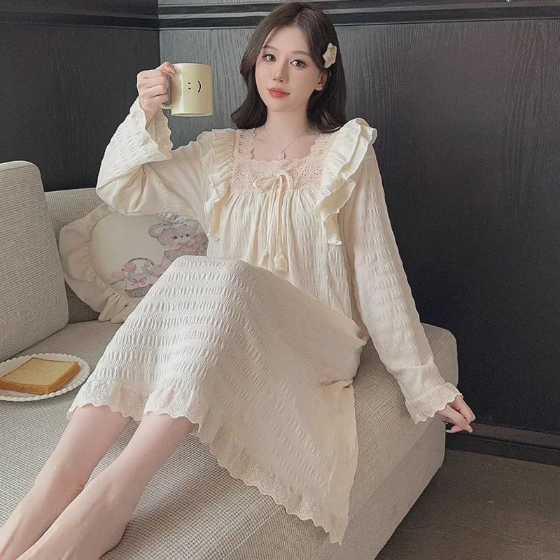 Женская пижама Sweet Princess Style с длинными рукавами - ночная рубашка больших размеров средней длины на весну и осень
