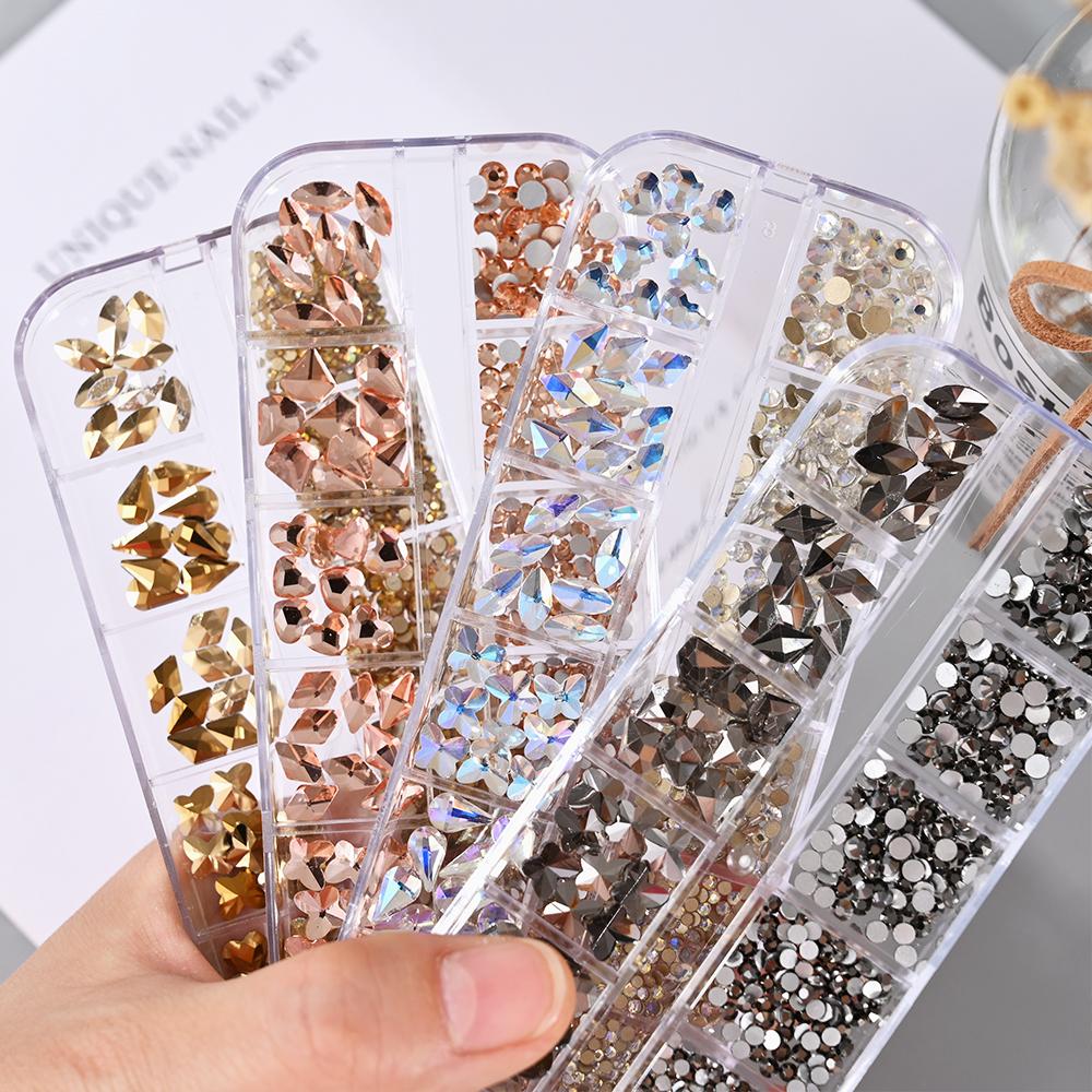 12 Grids/Box Crystal Nail Art Rhinestones Mixed Sizes Flatback Nail Stones Gems Luxury 3D DIY Charms For Nail Art Decorations