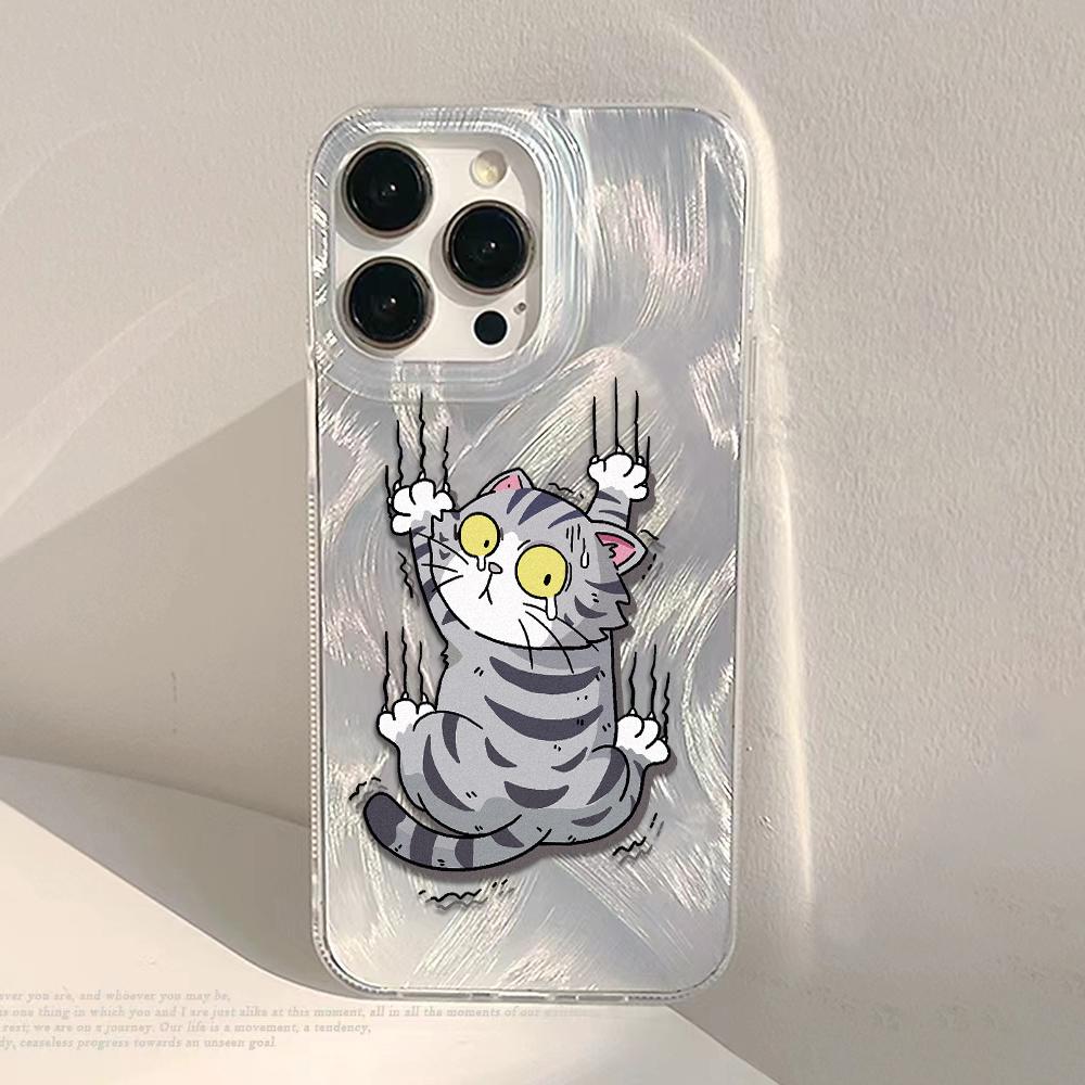 Cute Black Cat Phone Case For iPhone 17 Air Case iPhone17 16 15 11 12 13 14 Pro Max Plus Laser Silver Feather Texture Shockproof Cover