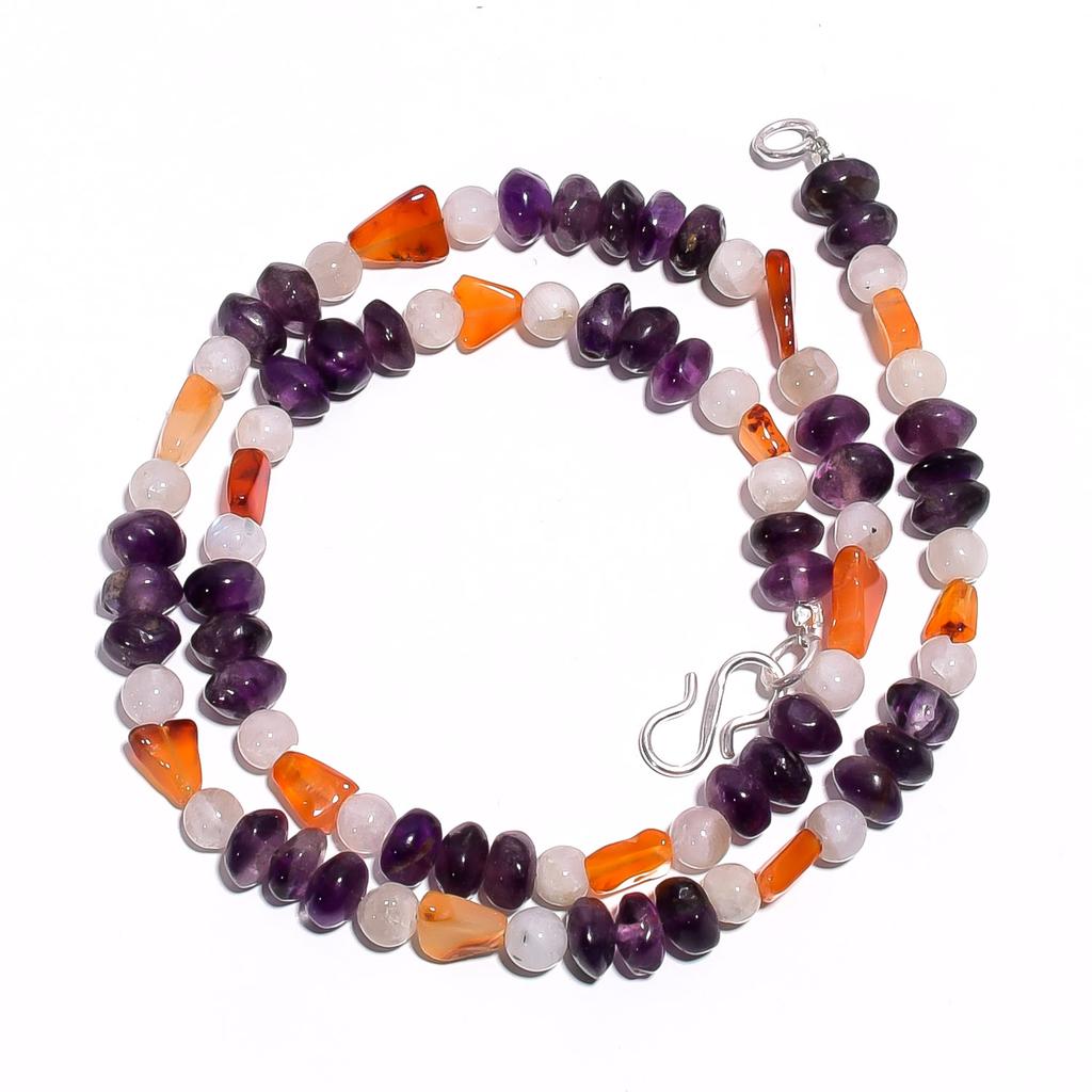 Natural Amethyst Carnelian Moonstone Gemstone Smooth Beads Necklace 17" UB-4633 UB-4633