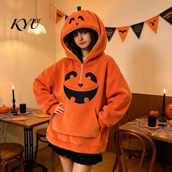 Holiday Party Apparel Women Oversized Halloween Pumpkin Hoodie, Fall Long Sleeve Hooded Casual Top Sweatshirt with Pocket, Jack-O-Lantern Costume