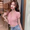 Summer Ruffles Knitted T-shirt Fashion Sexy Slim V-neck Crop Tops Short Sleeved Solid Color Cardigan For Women