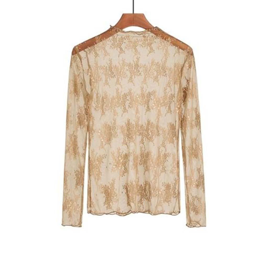 Long Sleeve Lace Bottomed Blouse Hollow Lace Floral Shirts Elegant See Through Tops Girls