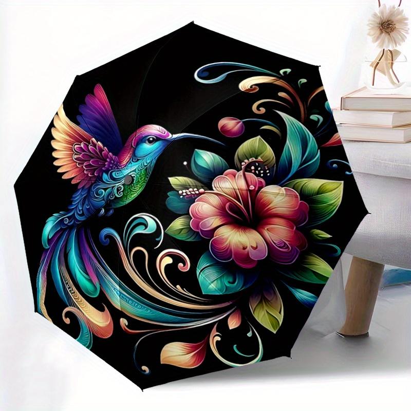 1pc Colorful Hummingbird with Floral Fantasy Pattern Beautiful Looking Automatic Folding Umbrella, 3 Folding, 8 Iron Frame Design, Durable and Su