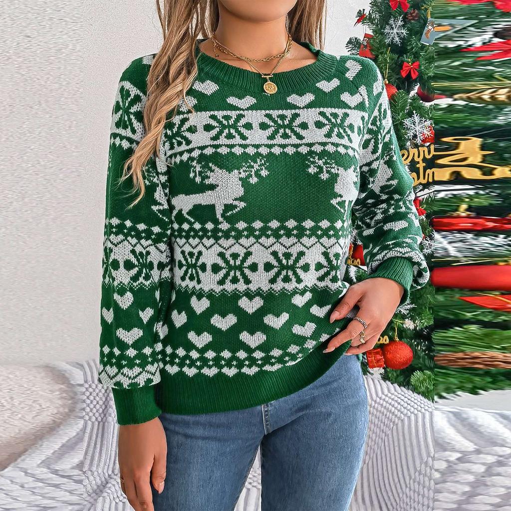 Women's Fashion Casual Loose Christmas Deer Pattern Contrast Color Sweater Long Sleeve Pullover Top
