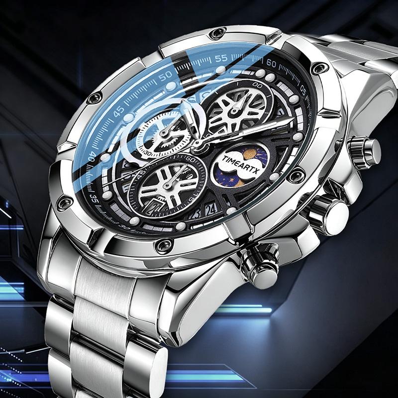 TIMEARTX Men's Watch Luxury Quartz Watch Stainless Steel Strap Moon Phase Multi-Color Dial Business Waterproof Watch