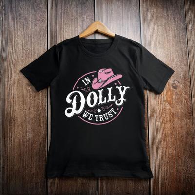 Dolly Parton In Dolly We Trust Shirt Black Tee Pink Cowboy Hat Western S-5XL