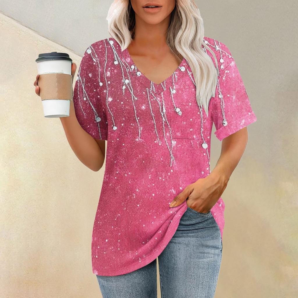 Женская модная футболка с коротким рукавом и V-образным вырезом с карманом и цветочным принтом