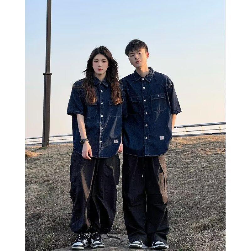 Японский ретро модный бренд летняя свободная джинсовая рубашка с короткими рукавами художественная молодежная рабочая рубашка мужская и женская многослойная куртка